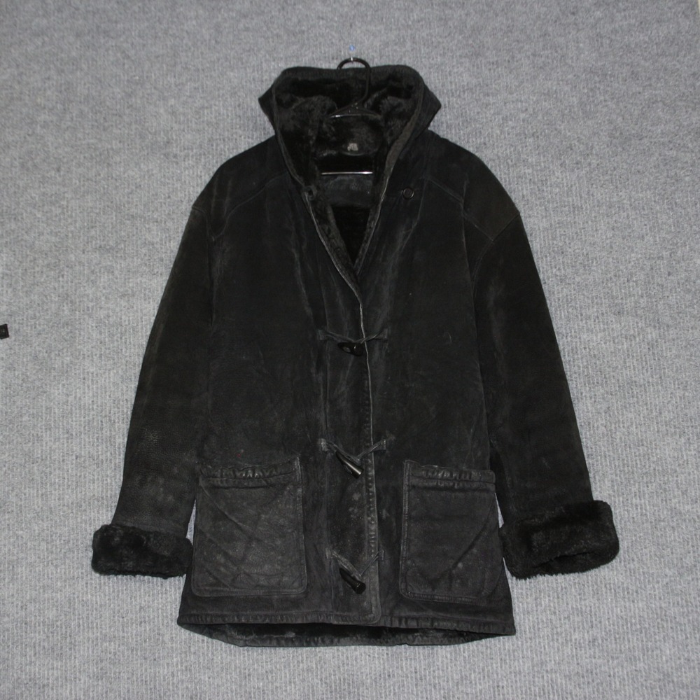 VTG St Johns Bay Black Leather Duffle Coat Hooded Faux Fur Trim Lined Womens L - Picture 1 of 8